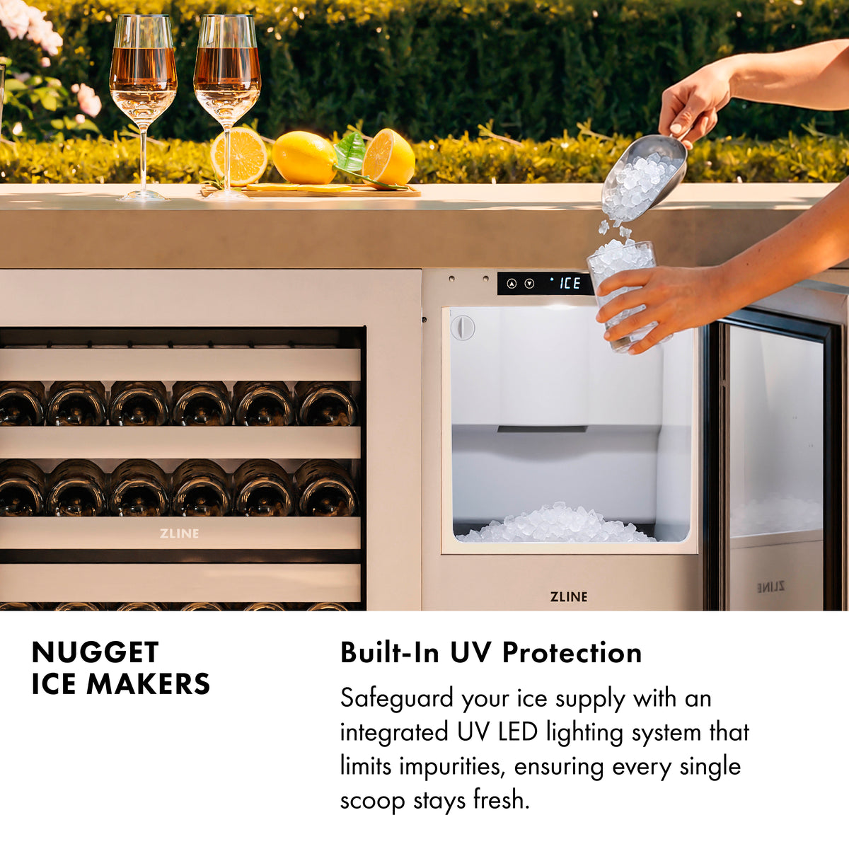 Infographic showing UV LED microbial protection in the ZLINE nugget ice maker