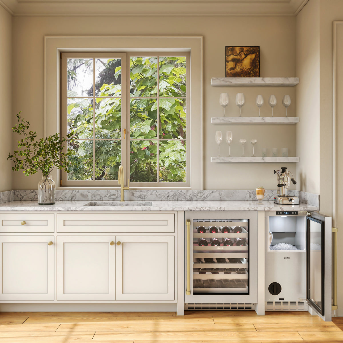 ZLINE Autograph Edition stainless steel nugget ice maker in an outdoor veranda bar with the door open (INGDZ-ST-15-CB)