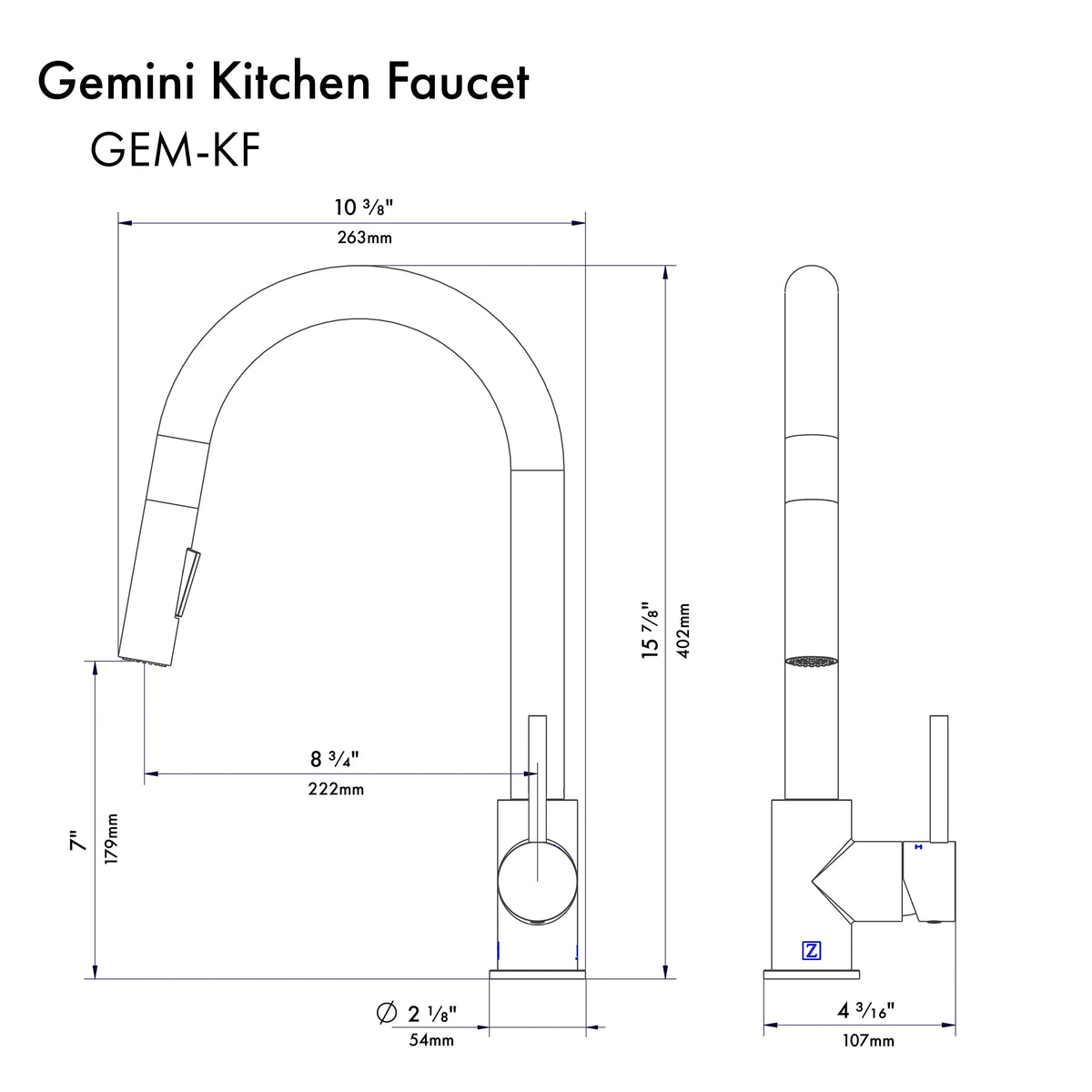 ZLINE Gemini Kitchen Faucet GEM-KF dimensional diagram
