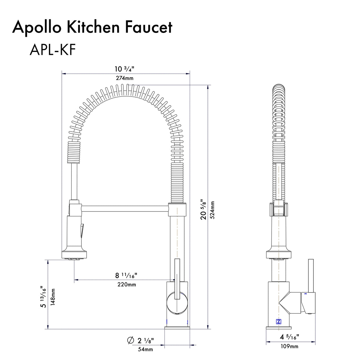 ZLINE Apollo Kitchen Faucet APL-KF dimensional diagram