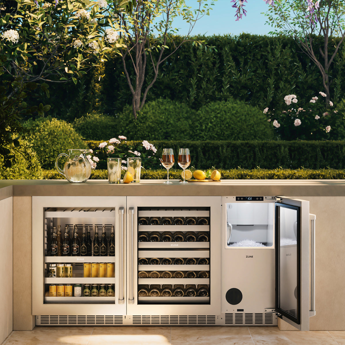 Close-up of the open ZLINE stainless steel nugget ice maker on a patio (INGD-ST-15)