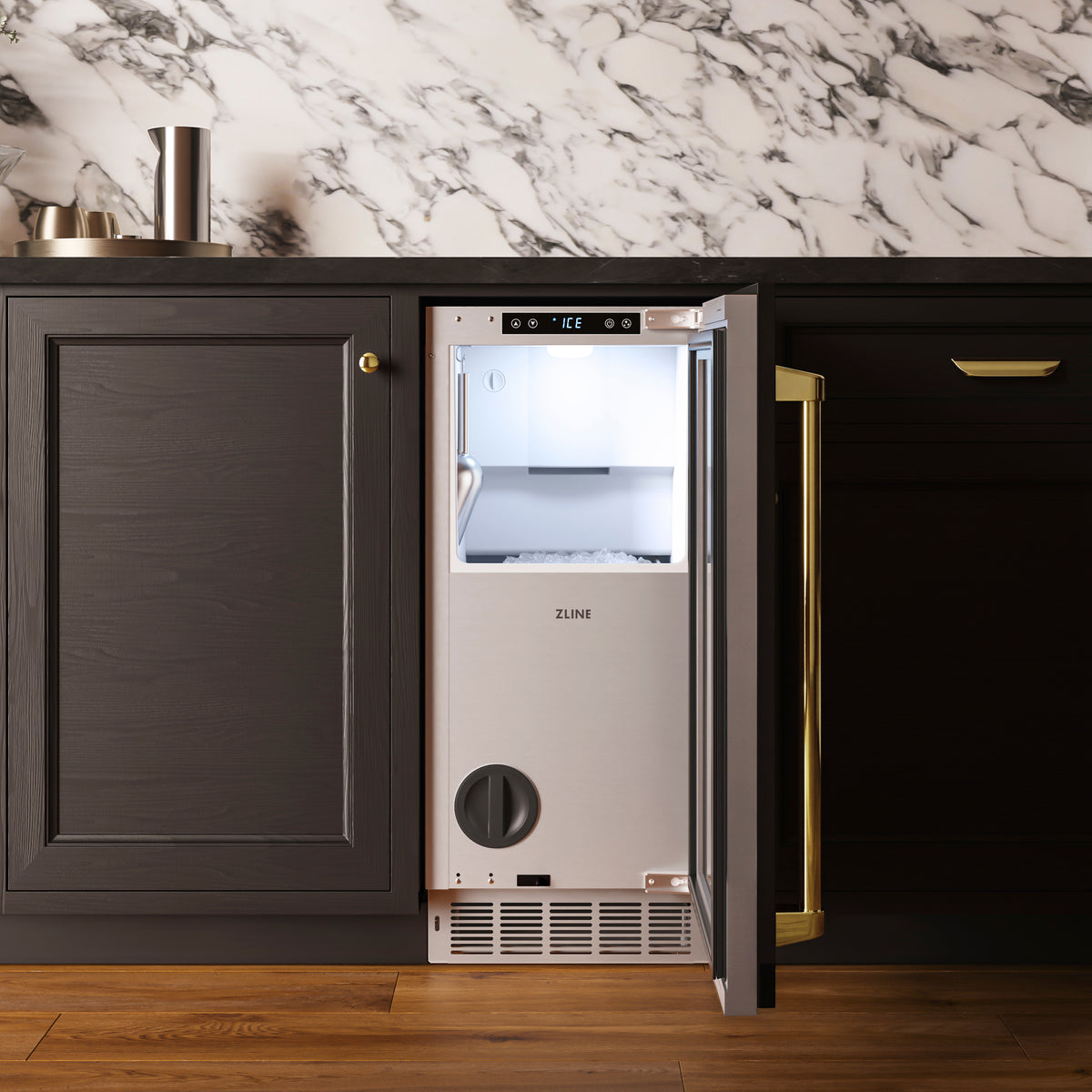 Close-up of the ZLINE Autograph Edition nugget ice maker storage bin filled with nugget ice (INGDPZ-15-G)