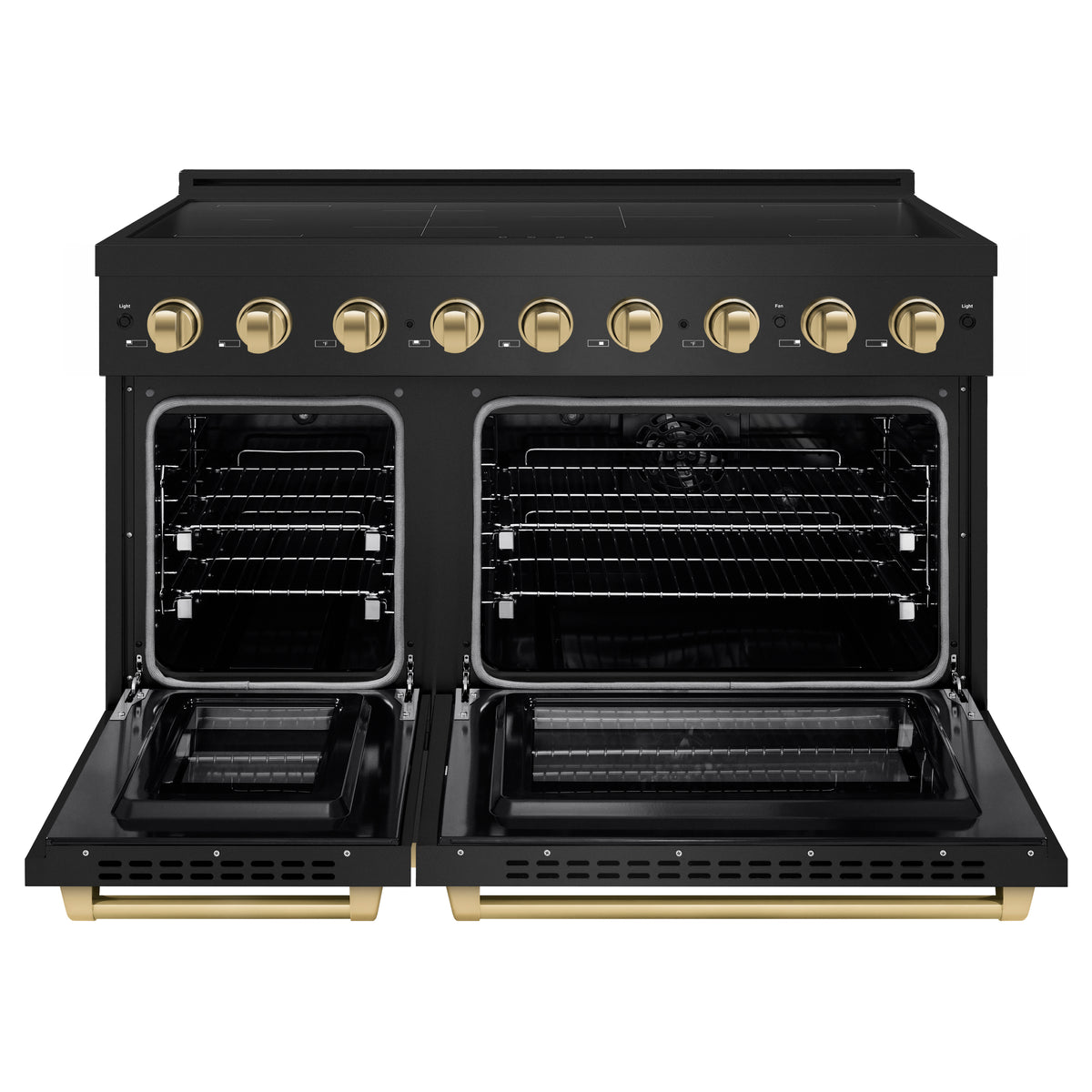ZLINE Autograph Edition 48-Inch Paramount Induction Range with both oven doors open (SINRBZ-48-CB)