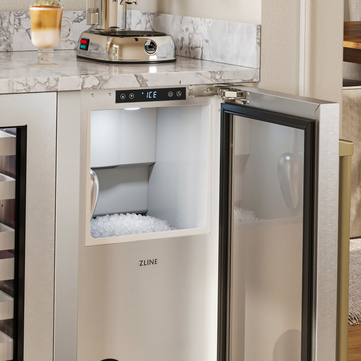 Close-up of the ZLINE Autograph Edition nugget ice maker storage bin in an outdoor bar (INGDZ-ST-15-CB)