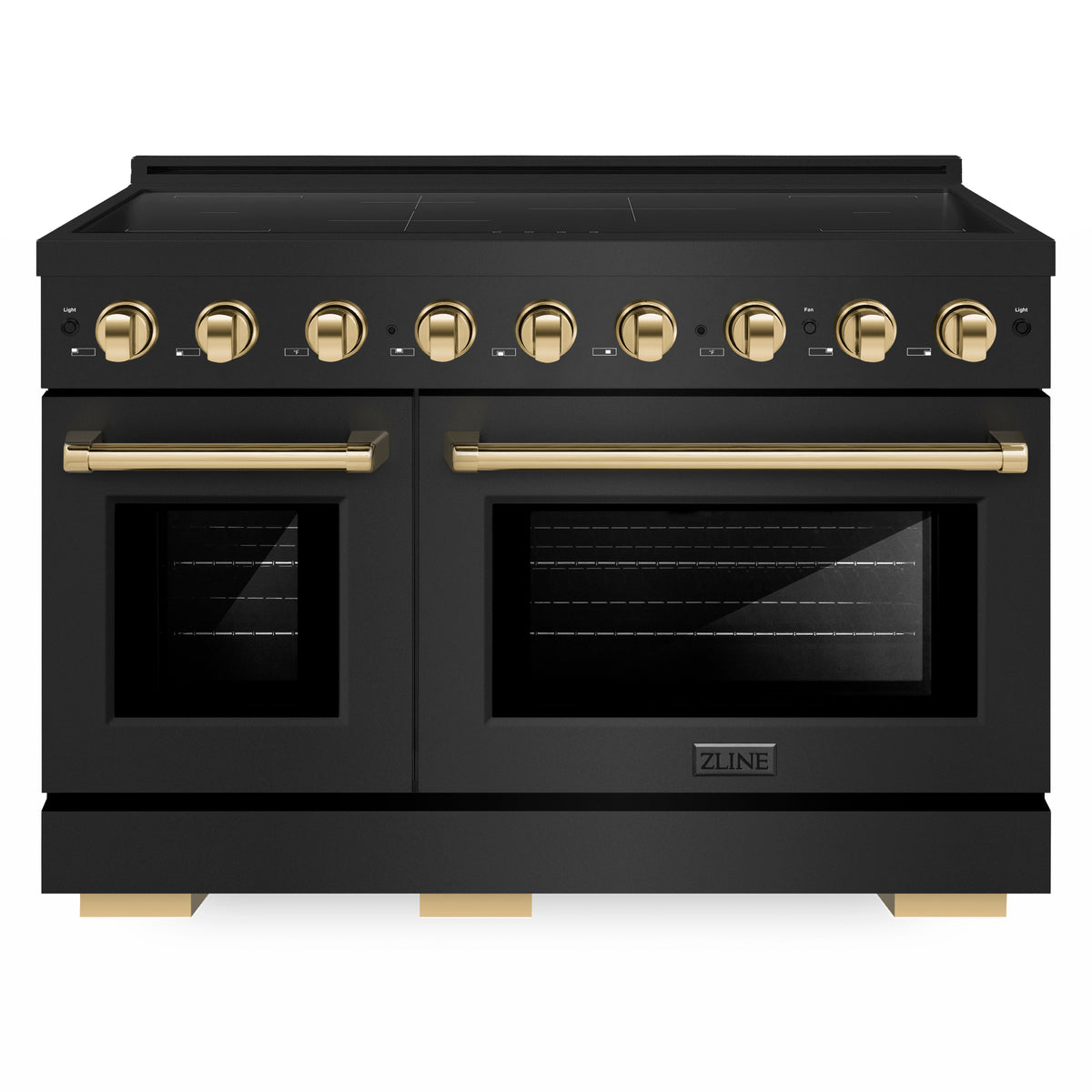 ZLINE Autograph Edition 48-Inch Paramount Induction Range in Black Stainless Steel with Polished Gold Accents, front view (SINRBZ-48-G)