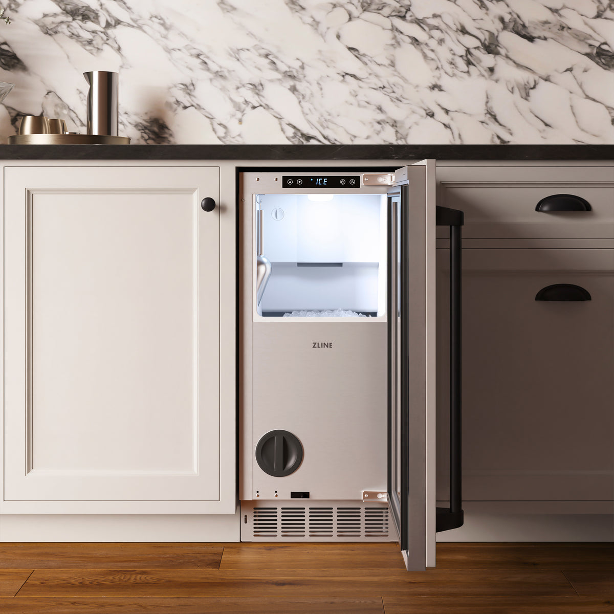 Close-up of the ZLINE Autograph Edition nugget ice maker storage bin filled with nugget ice (INGDPZ-15-MB)
