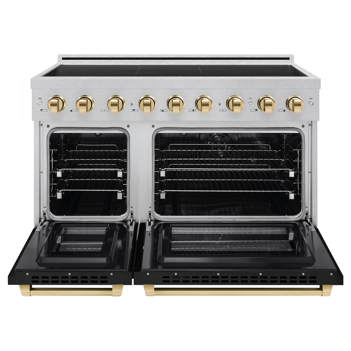 ZLINE 48-Inch Paramount Induction Range SINRSZ-BLM48-G front with oven doors open