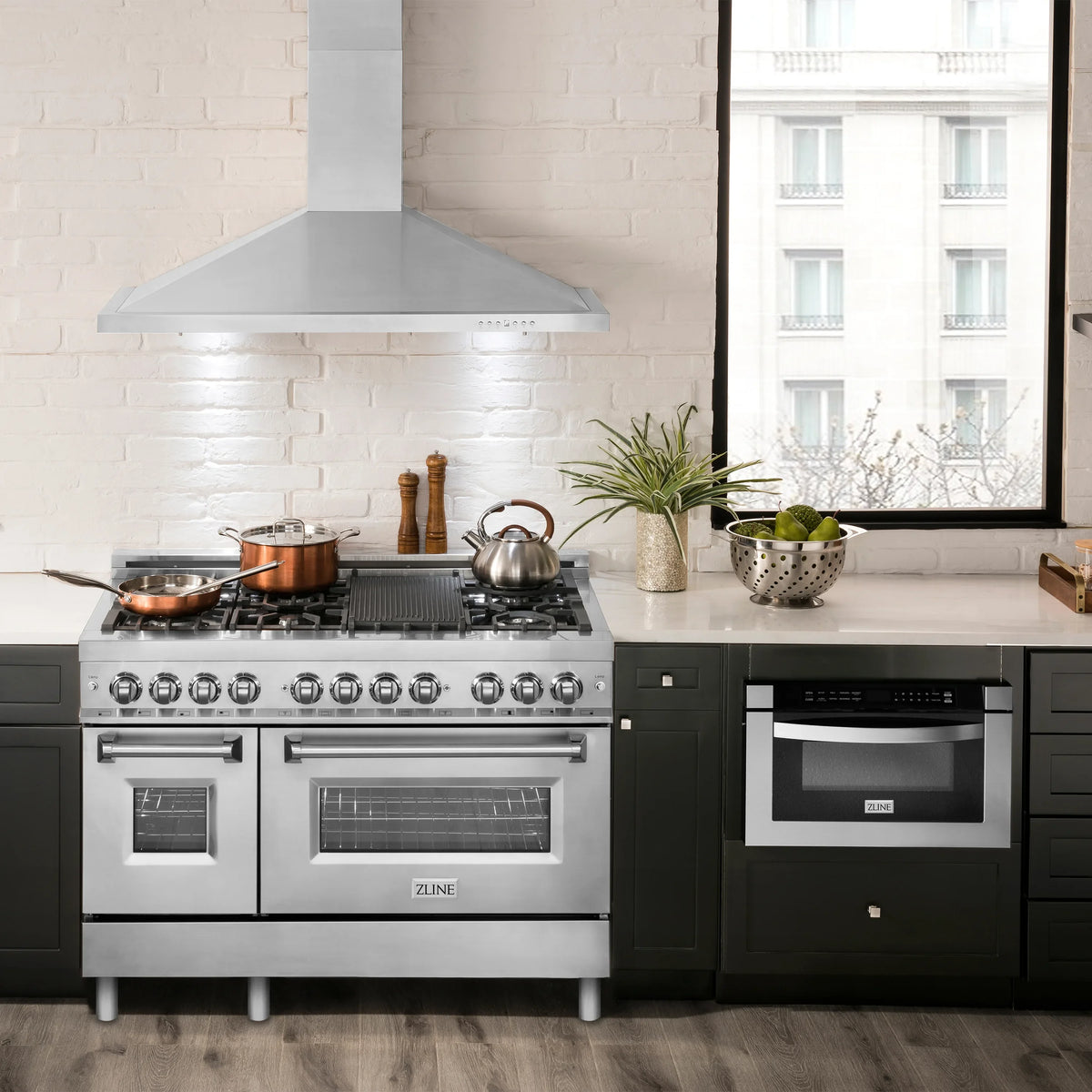 ZLINE 48-inch Legacy Series Dual Fuel Range in Fingerprint Resistant Satin Stainless Steel and Fingerprint Resistant Satin Stainless Steel® Door in a kitchen