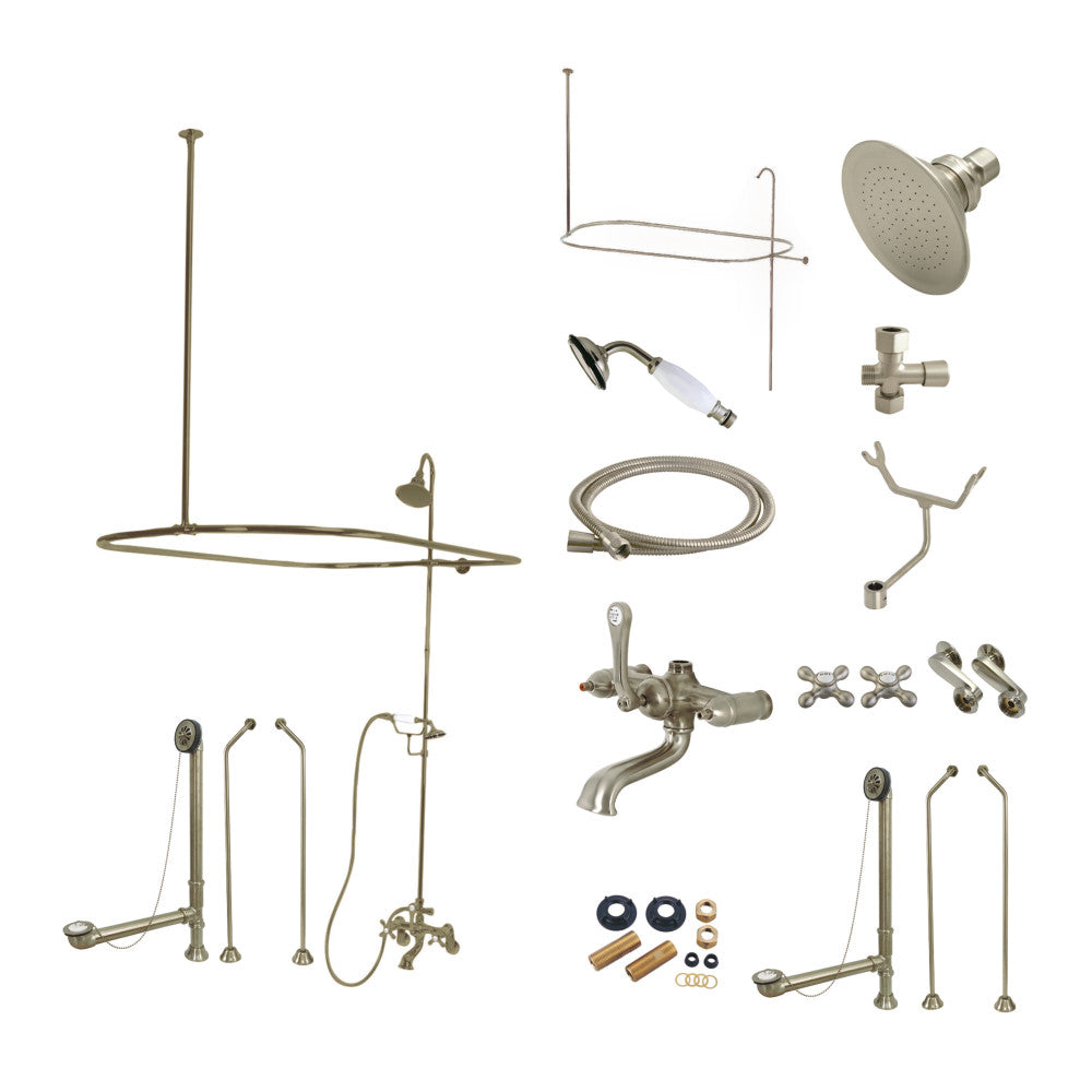 Brushed nickel vintage-style tub wall-mount faucet set with hand shower and hose