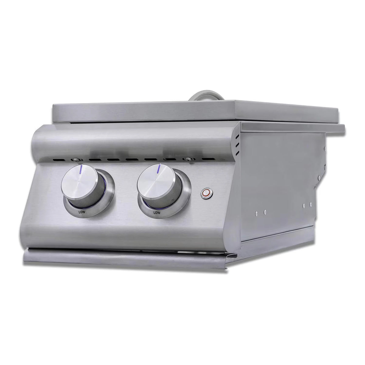 Stainless steel double propane grill with lid partially open and two knobs