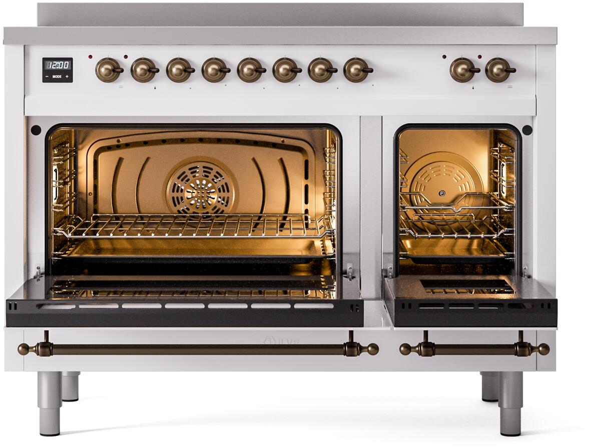 White freestanding induction range with bronze-trim doors, open large and small ovens