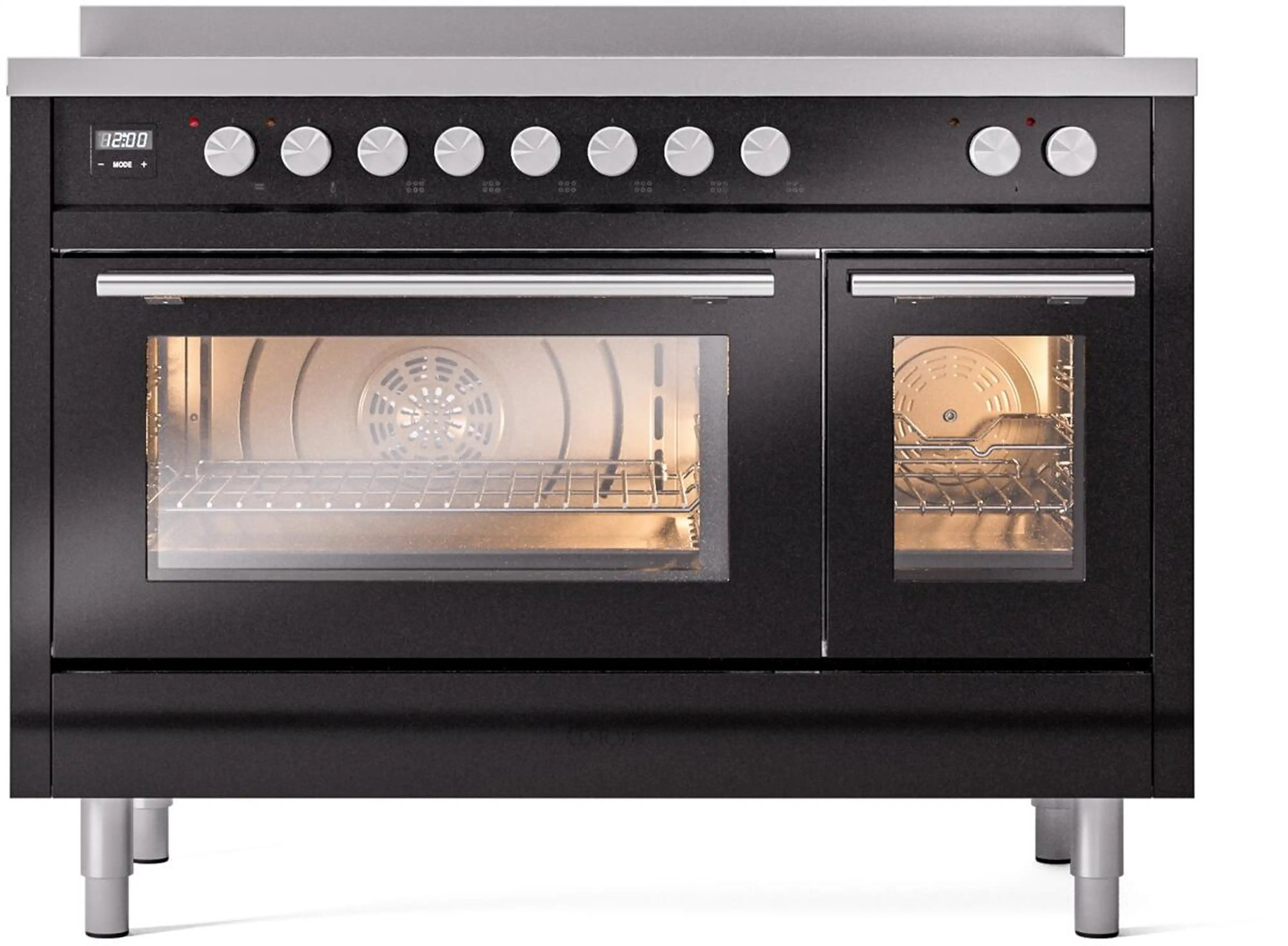 Glossy black double-oven induction range front view with control knobs and handles