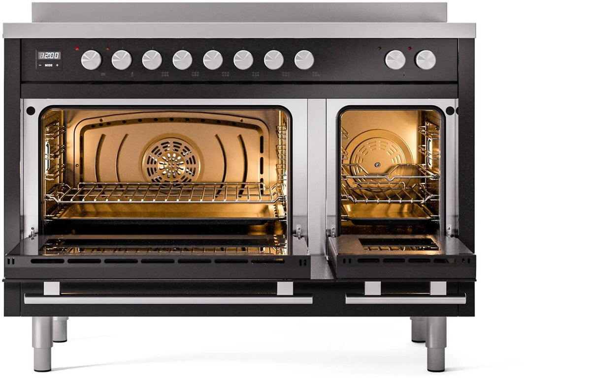 Glossy black induction range with both oven doors open, interior lights on