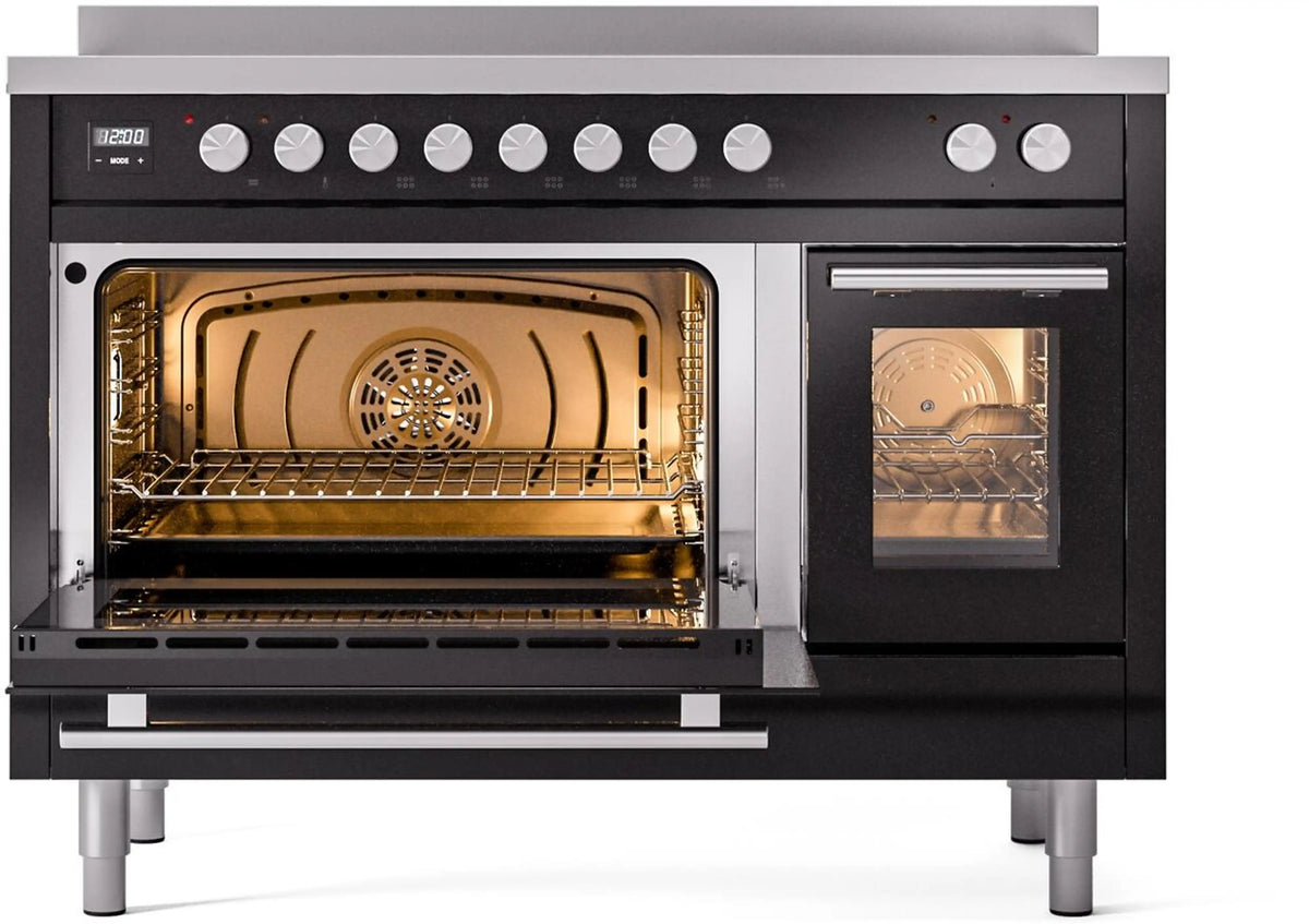 Front view of glossy black induction range ovens open, racks visible