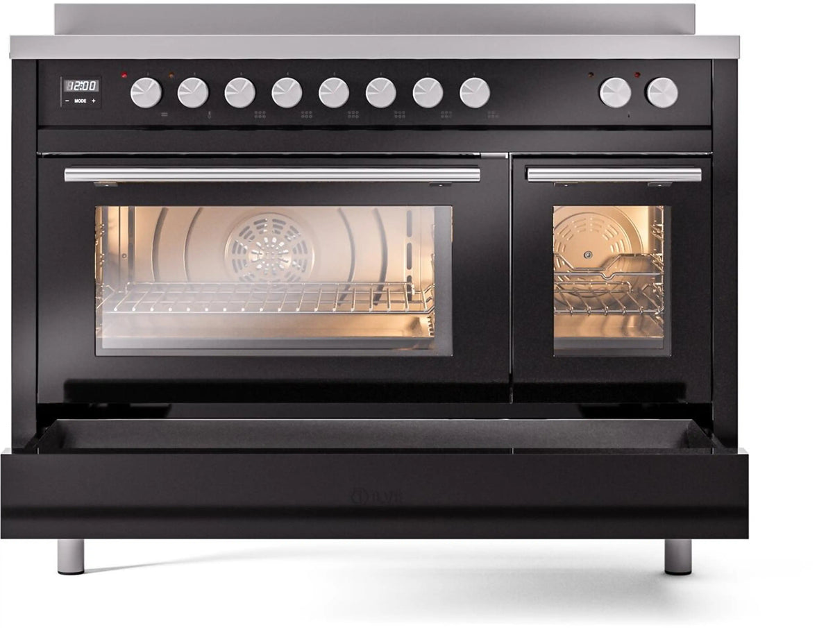 Glossy black 48-inch induction range with two oven doors and control knobs