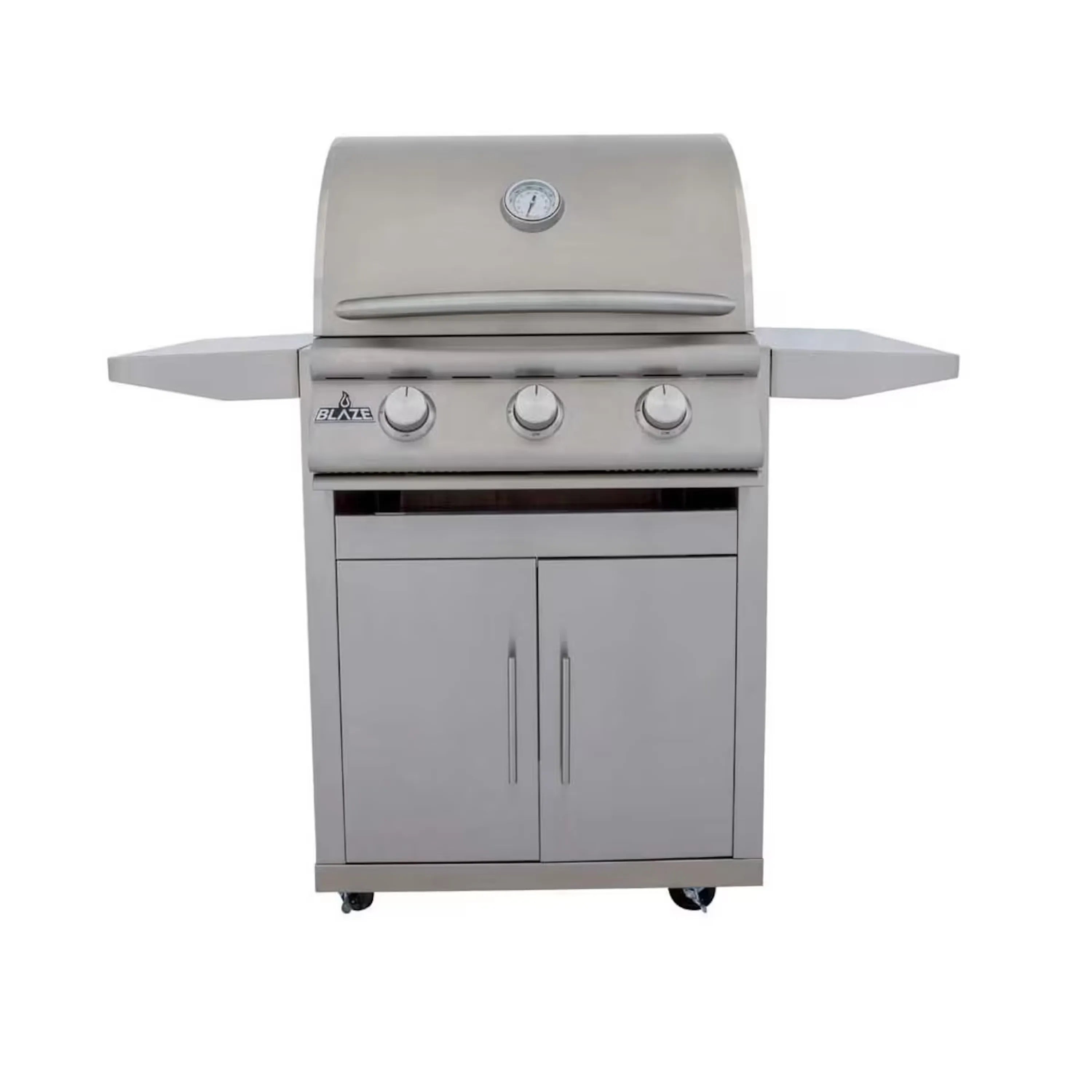 Stainless steel 3-burner propane gas grill with side shelves and front control knobs