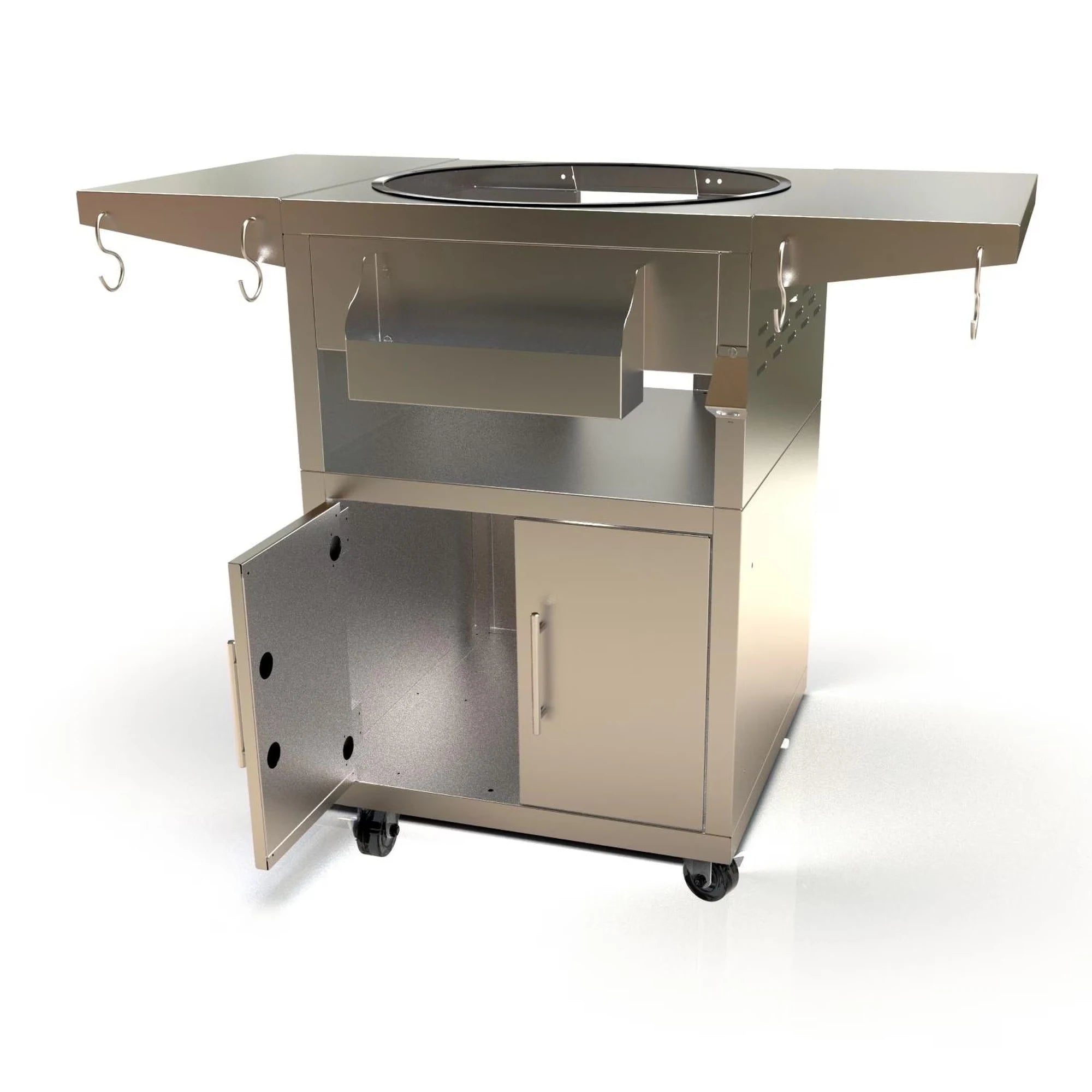 Kamado grill cart with open storage cabinet and countertop shelf, cast aluminum
