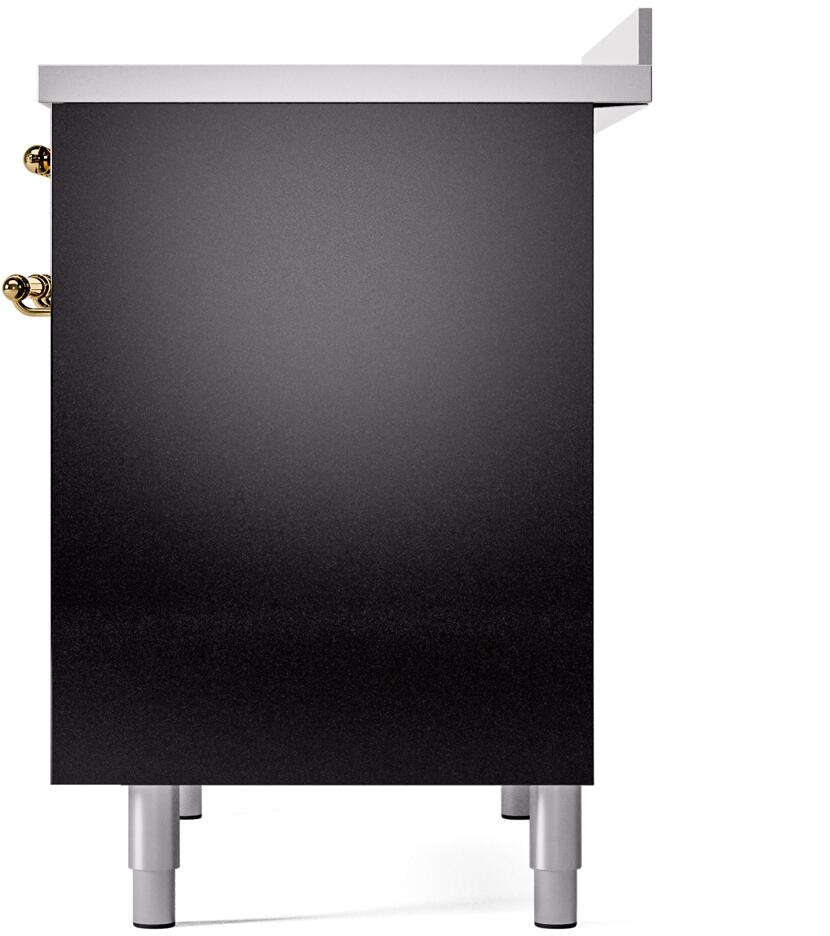 Range back-side panel in glossy black with brass hinge hardware and leveling legs visible.
