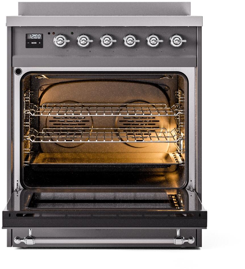 Open oven cavity with racks and heating elements on a matte graphite induction range