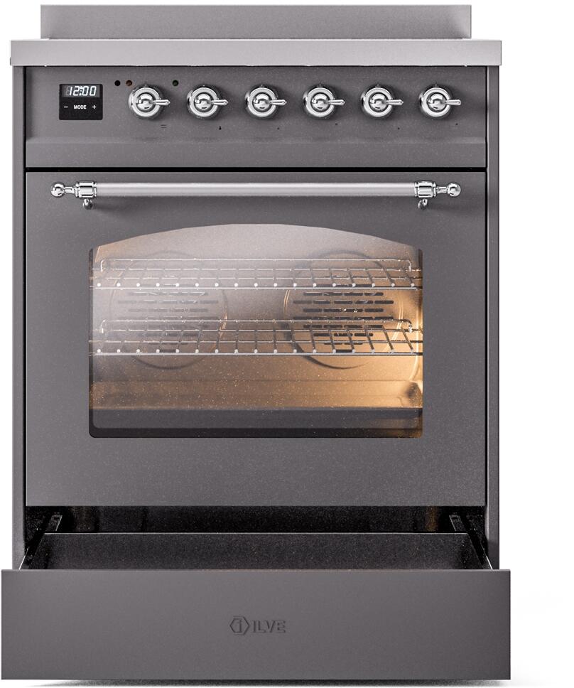 Matte graphite induction range with control knobs and oven door partially open