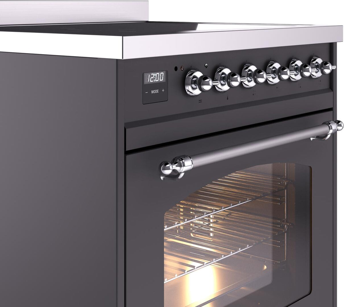 Induction range front panel with chrome-trimmed knobs and glass oven door