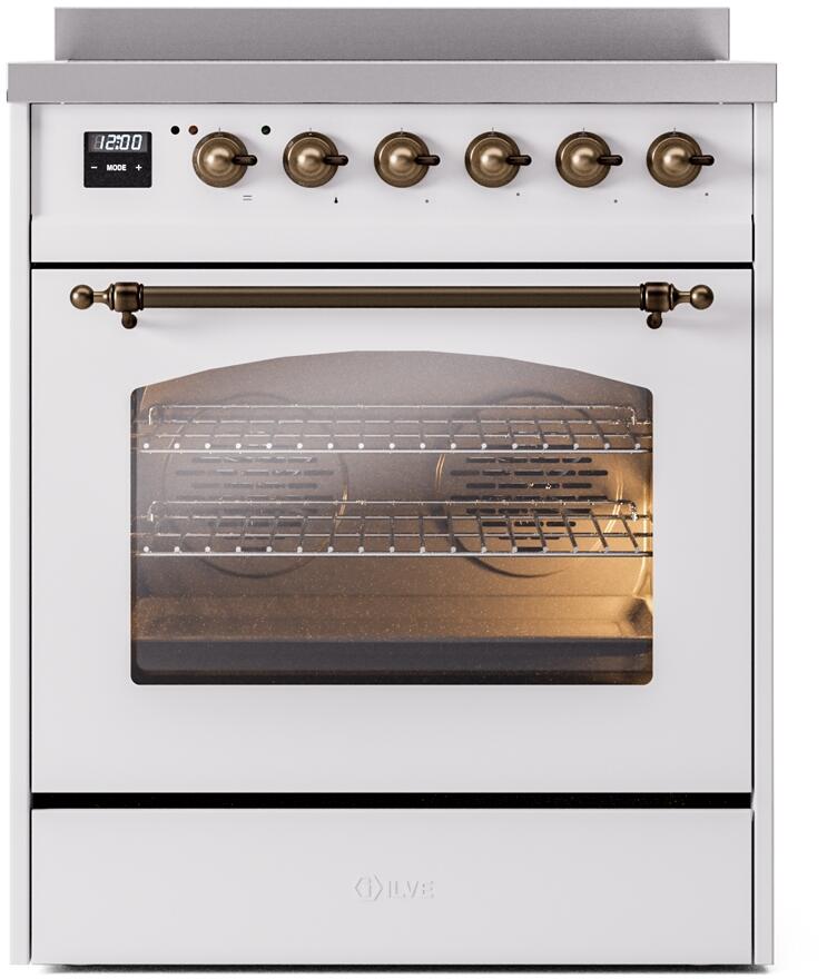 White freestanding electric induction range with bronze control knobs and oven door window
