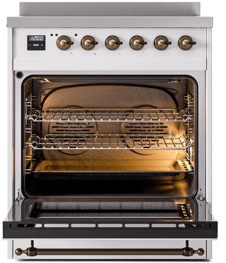 White freestanding electric induction range with bronze knobs, open oven and racks inside