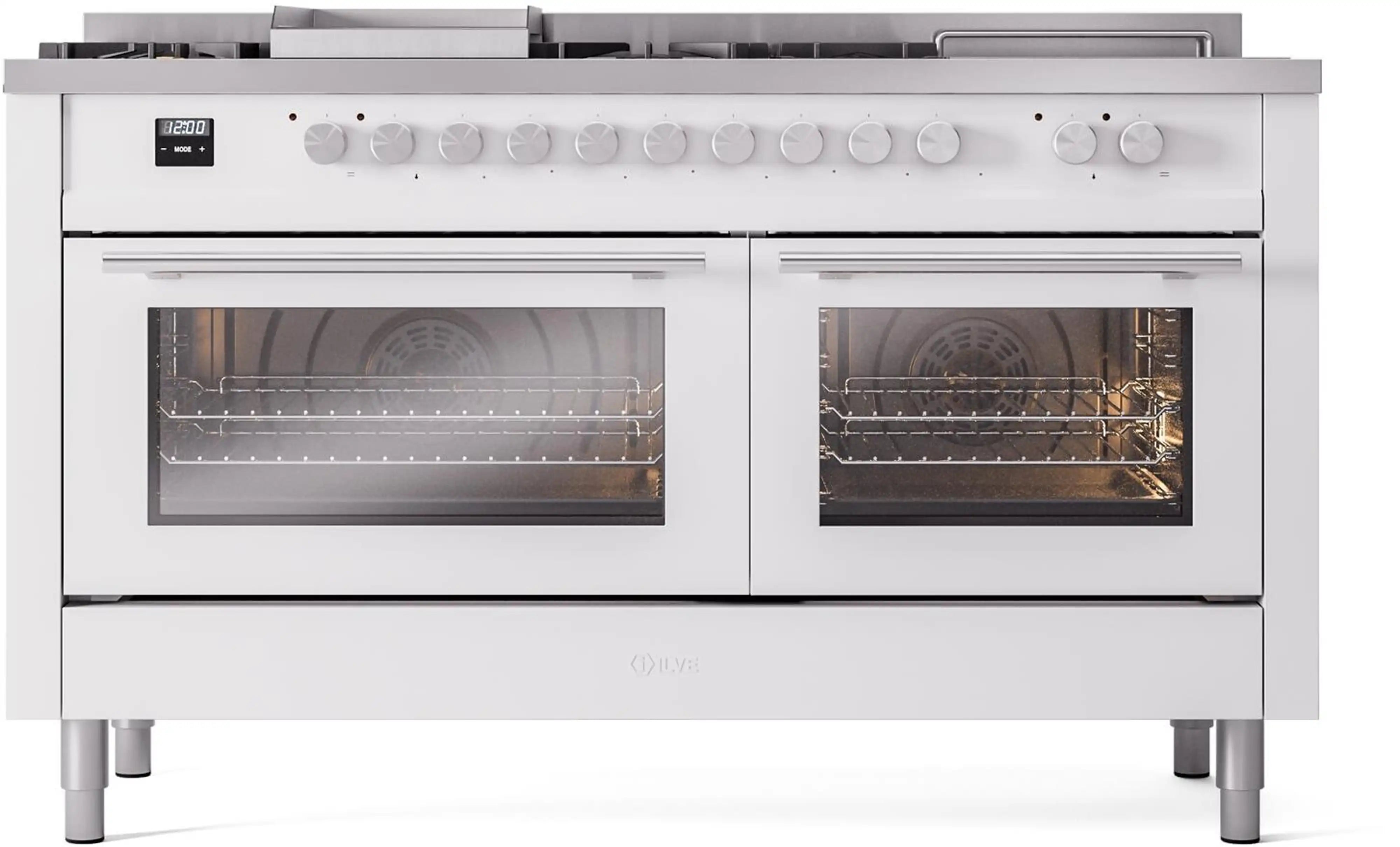 White dual-fuel range with both oven doors closed, interior visible through glass