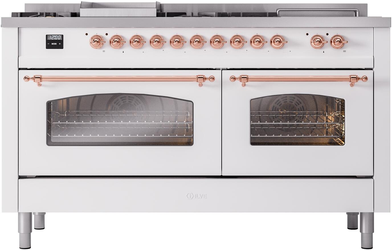 White dual-fuel gas range with copper control knobs and two glass-oven doors closed