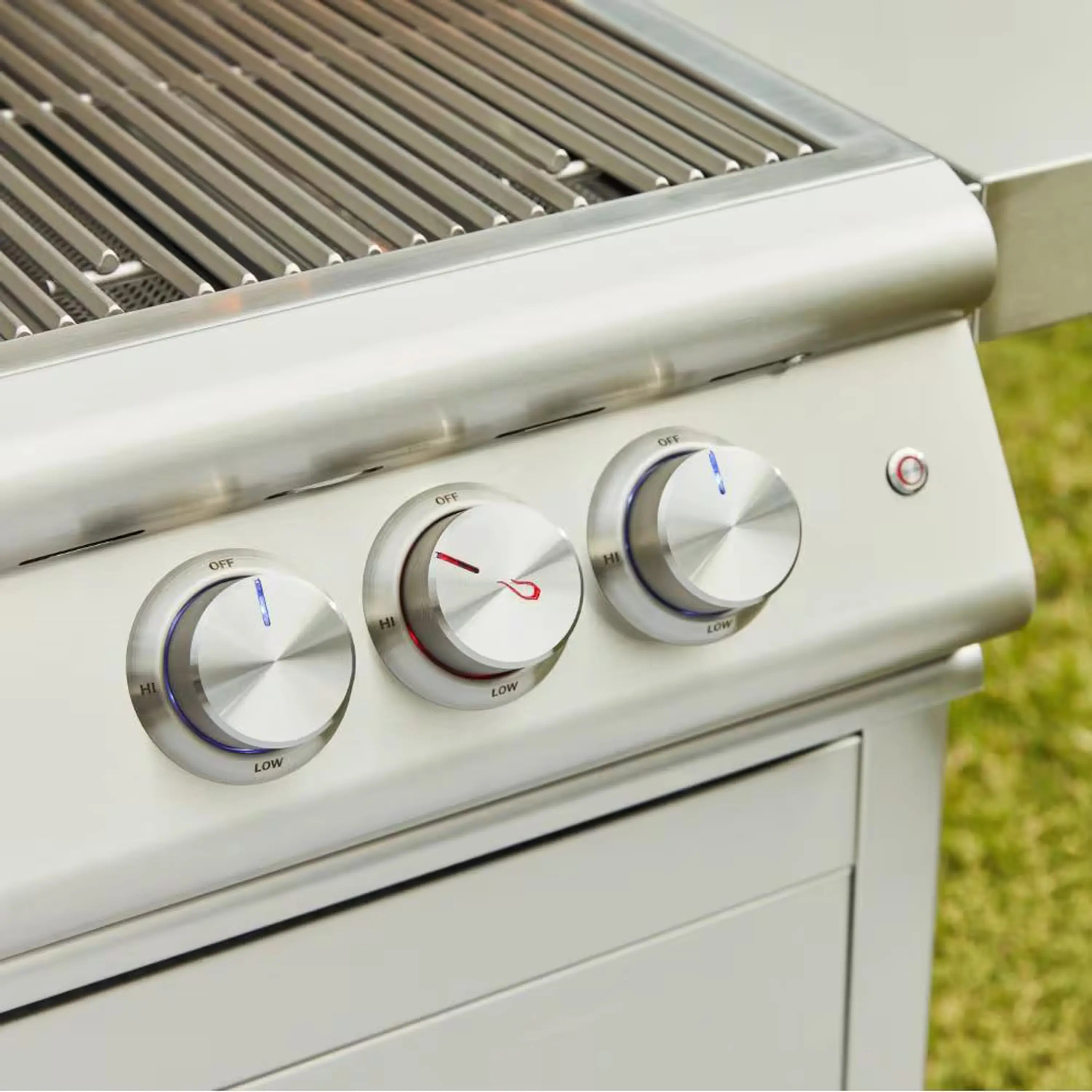 Stainless steel grill control knobs with temperature markings for burner settings
