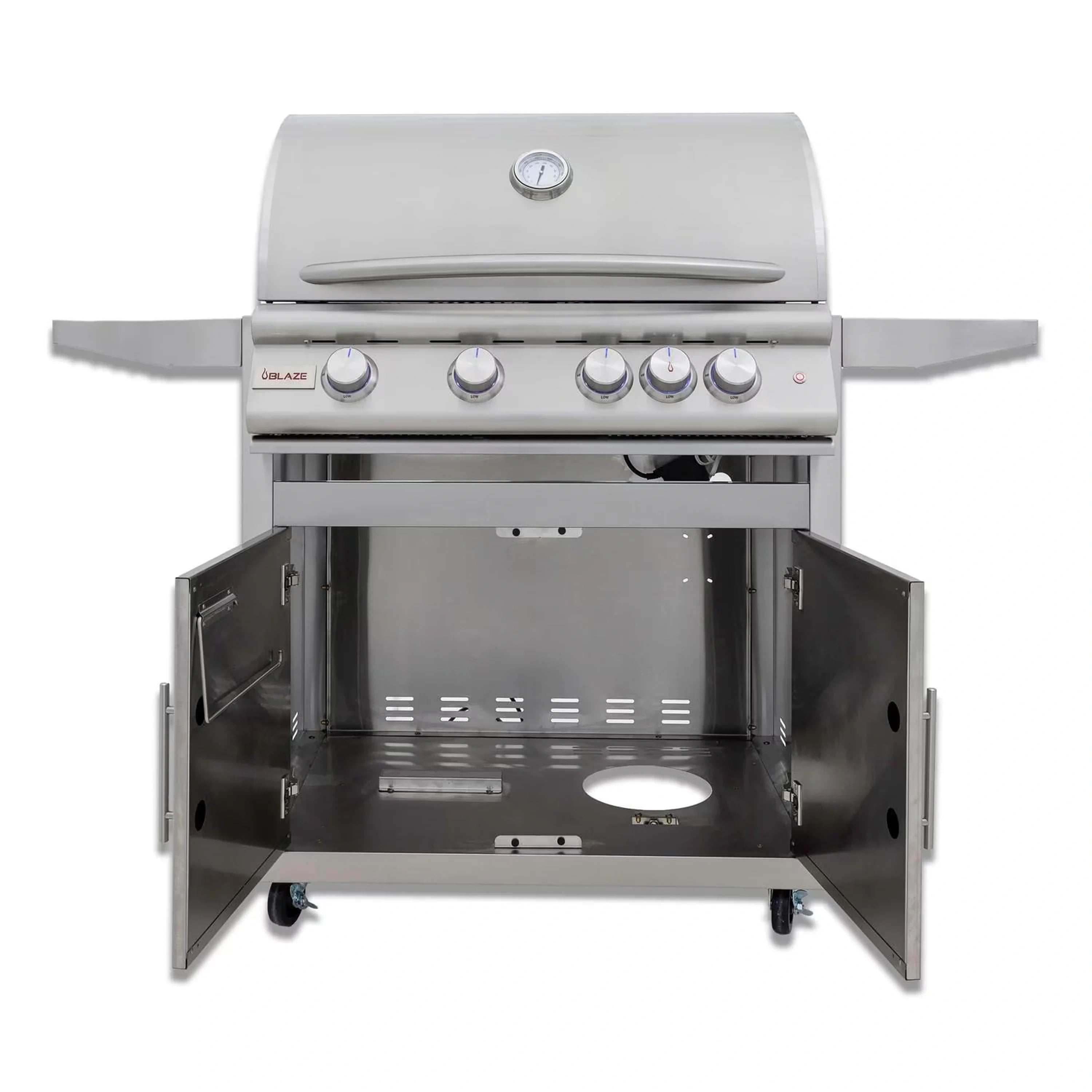 Open stainless steel 4-burner natural gas grill showing cooking area and burner controls