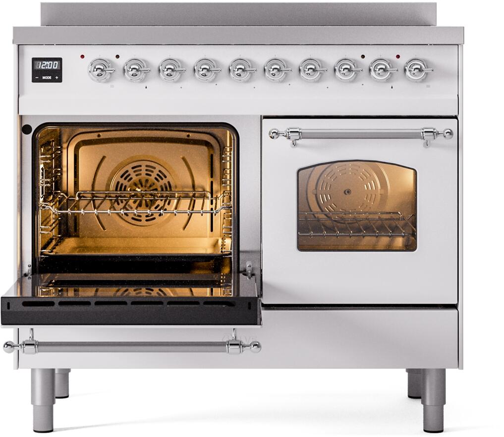 Freestanding induction range with left oven door open and interior racks visible