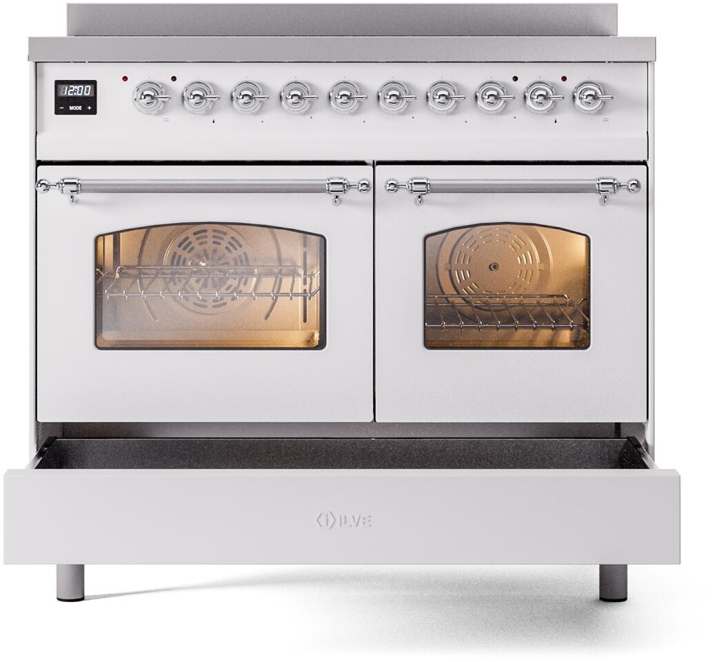 Freestanding induction range with dual ovens, chrome control knobs, and glass oven windows