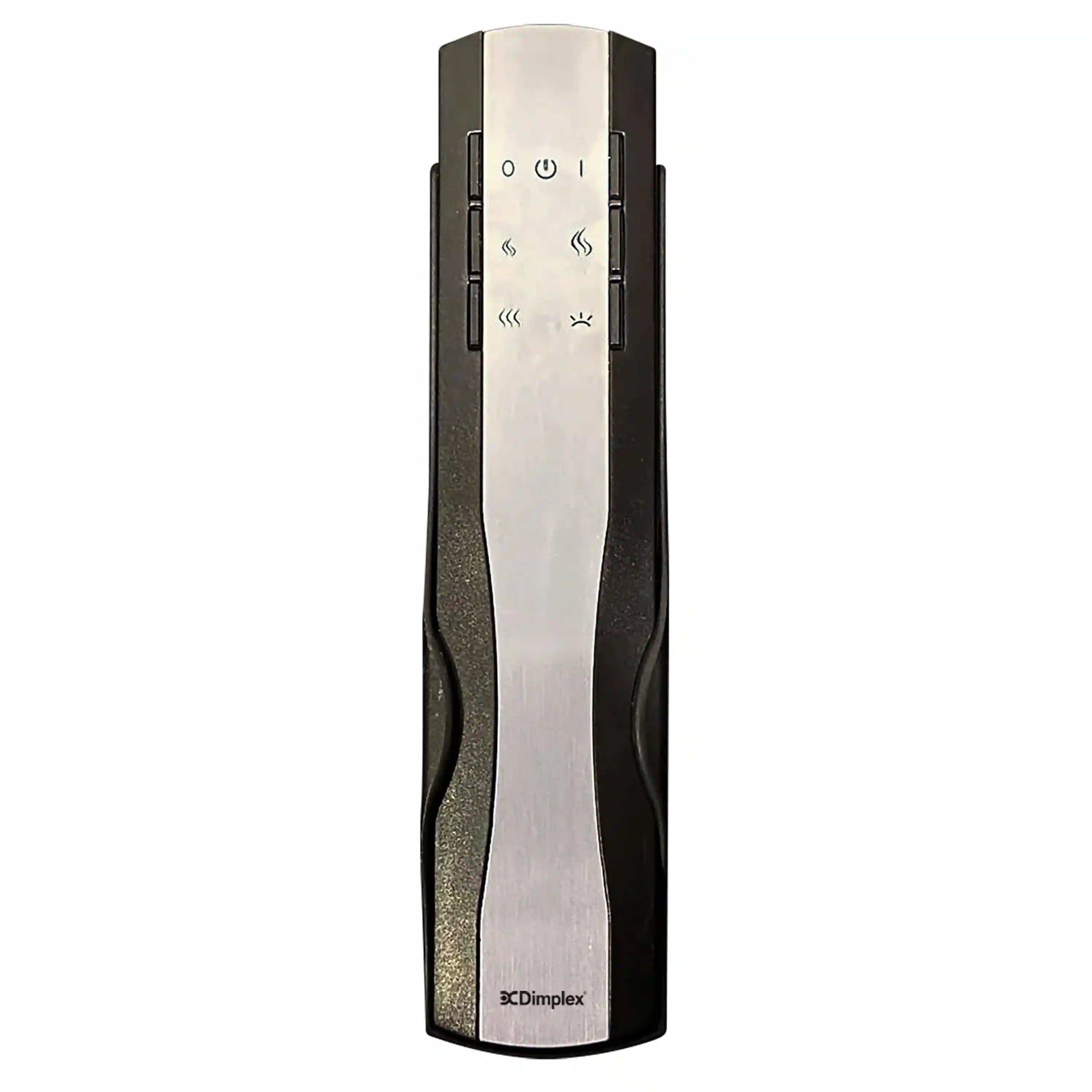 Three-sided electric firebox with black outer frame and silver control panel, front view