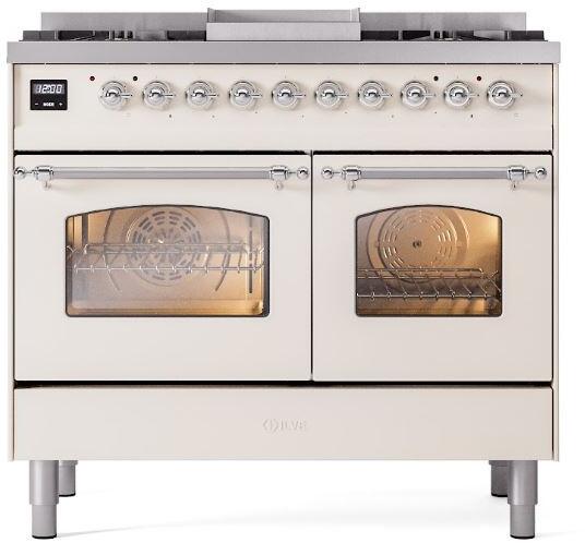 Antique white dual fuel range with double oven doors and chrome control knobs