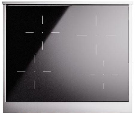 Matte black induction cooktop glass with white burner markings and controls