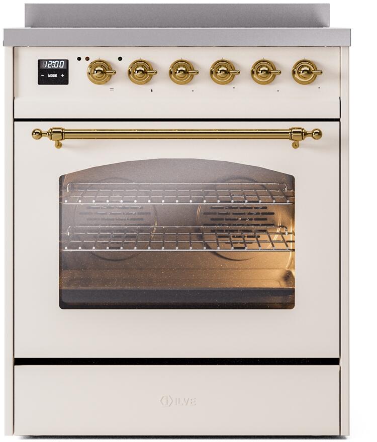 Antique white induction range with brass control knobs, drawer handle, and glass oven door