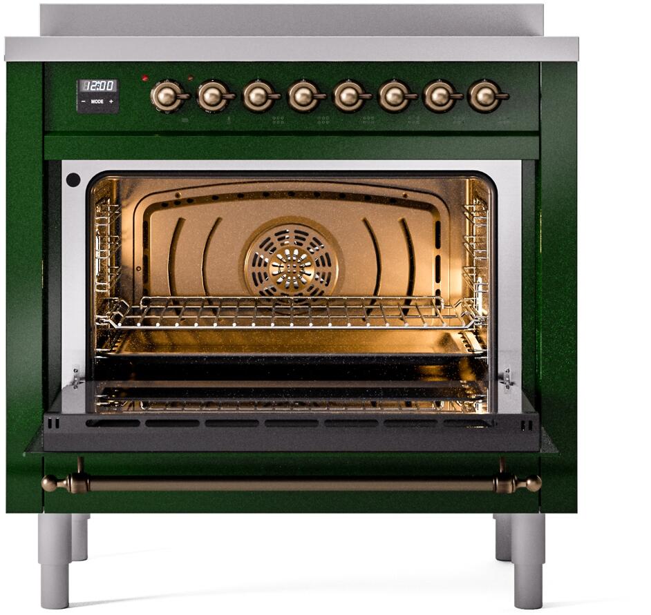 Open oven door showing lit interior and rack in emerald freestanding electric induction range