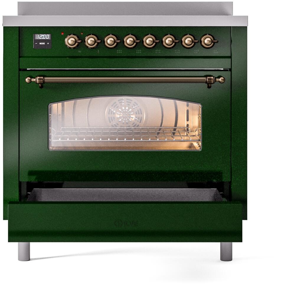 Freestanding emerald electric induction range oven with glass door and bronze front bar