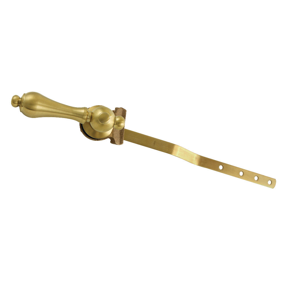 Brushed brass front-mount toilet tank lever with long handle and mounting plate