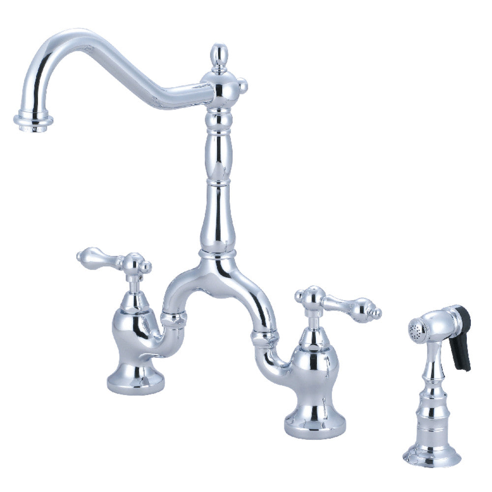 Polished chrome bridge kitchen faucet with two cross handles and side sprayer