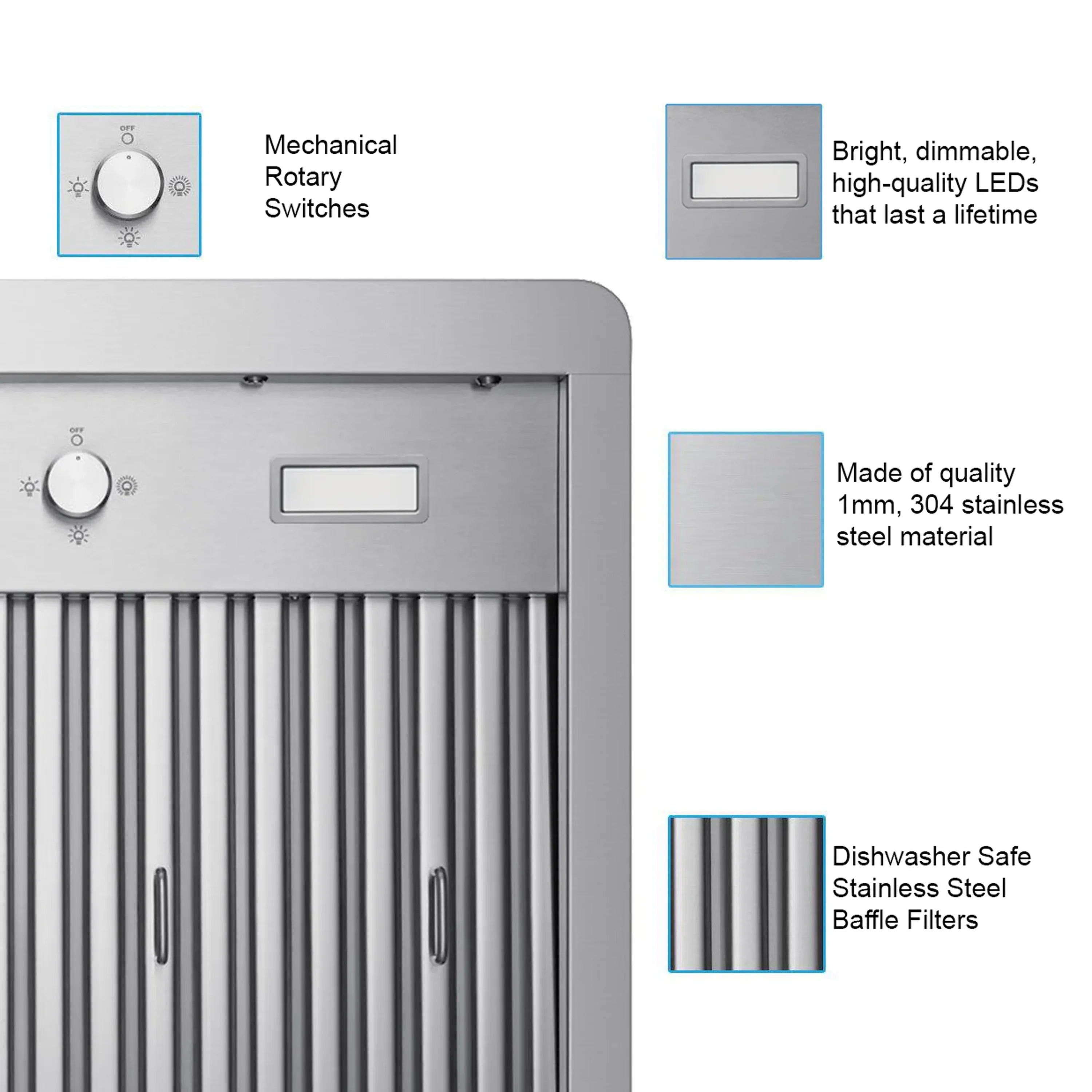 Stainless steel range hood with control dial and windowed vent panel, double blower style.