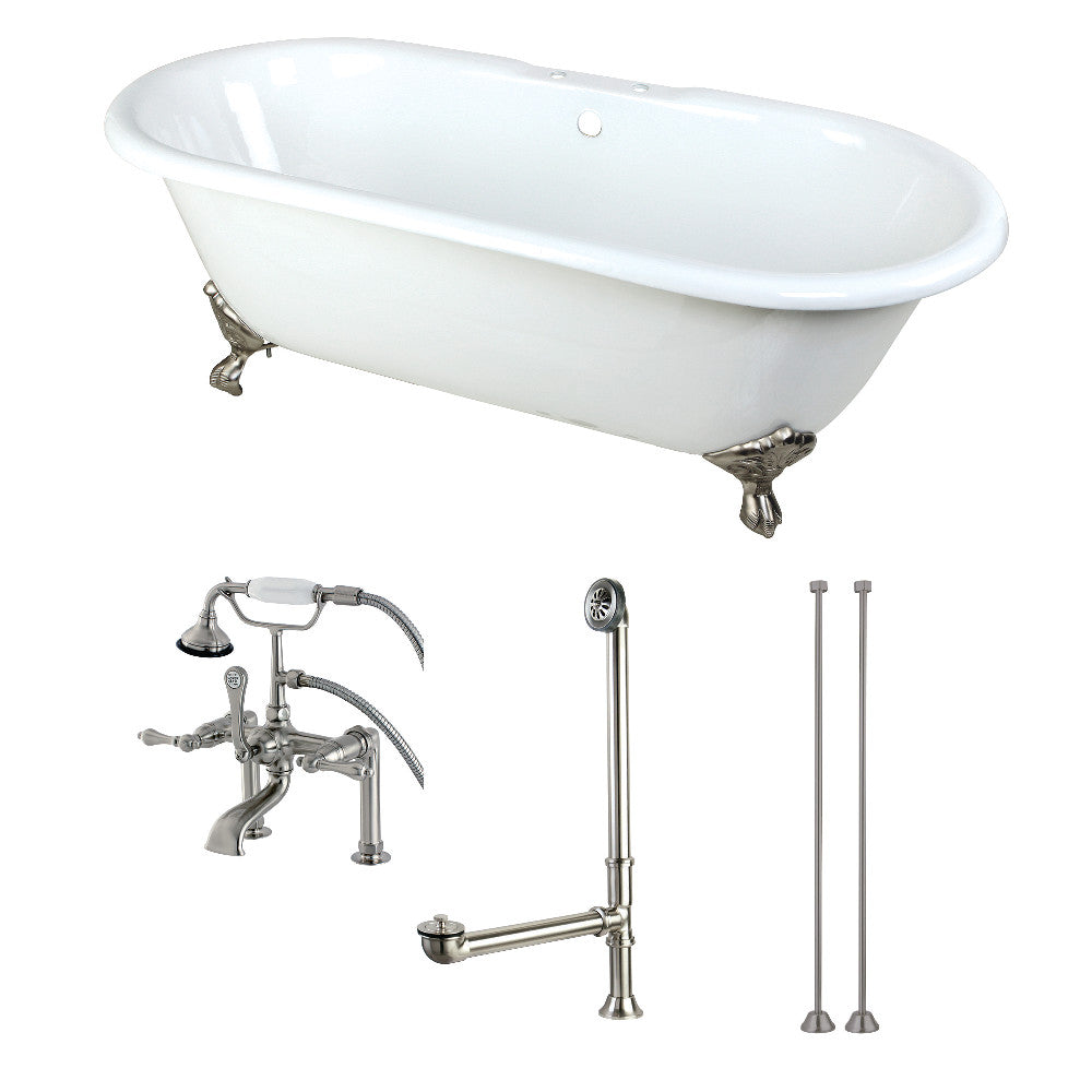 White cast iron oval clawfoot tub with brushed nickel faucet, drain, and supply lines