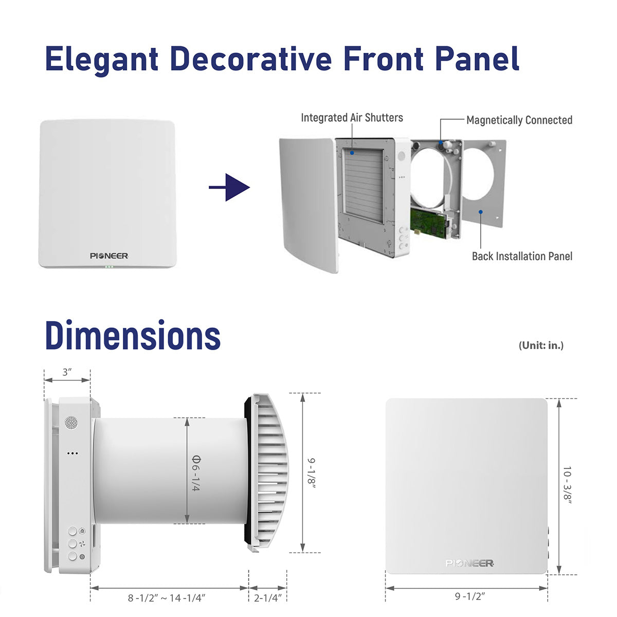 White wall-mounted ERV front panel with integrated air shutters, side and front views