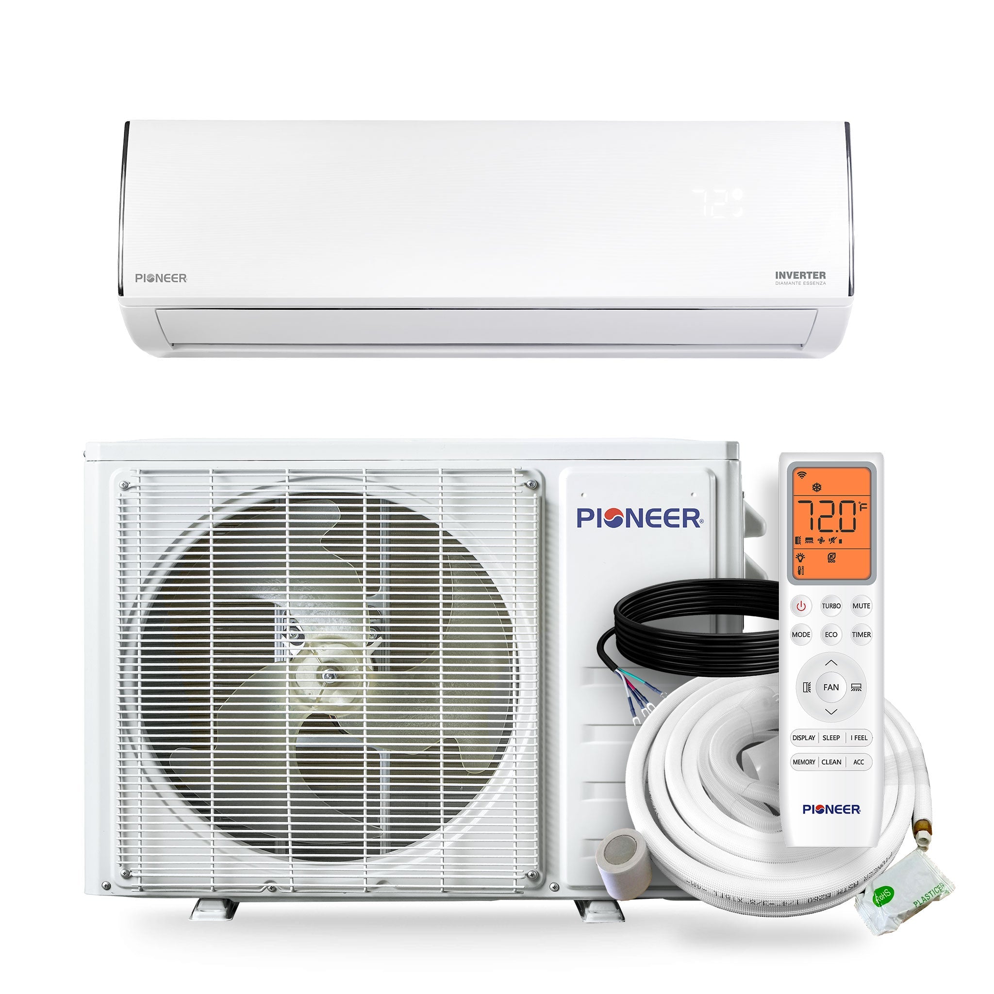 Pioneer ductless mini-split air conditioner set: indoor unit, outdoor unit, and kit