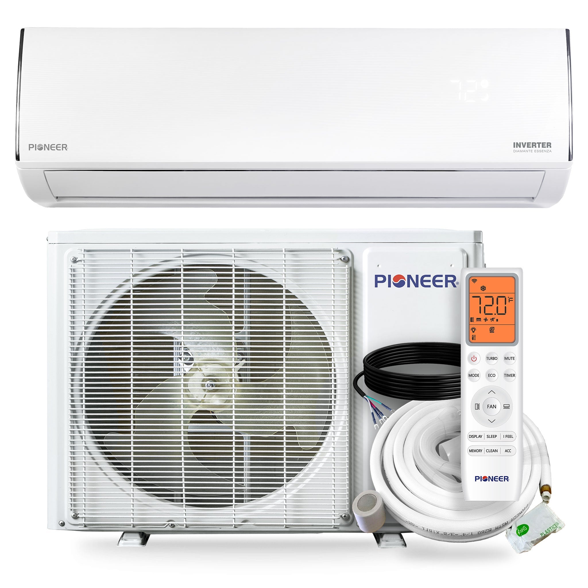 Wall-mounted ductless mini-split indoor unit with Pioneer logo and control display
