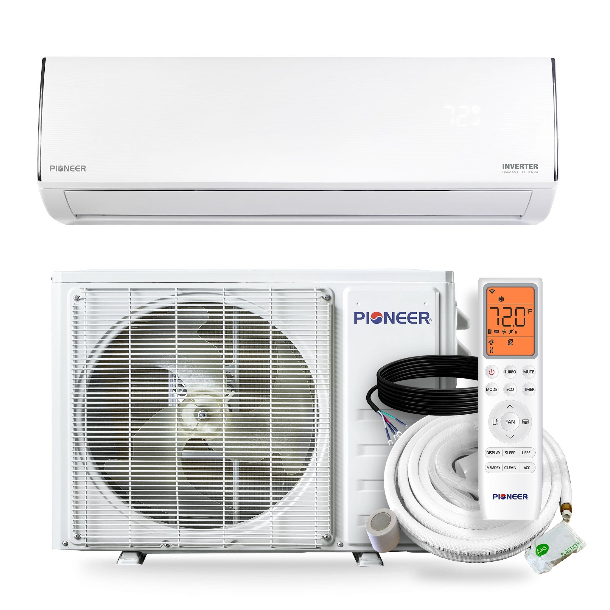 Ductless mini-split air conditioner with indoor unit, outdoor unit, and accessory kit