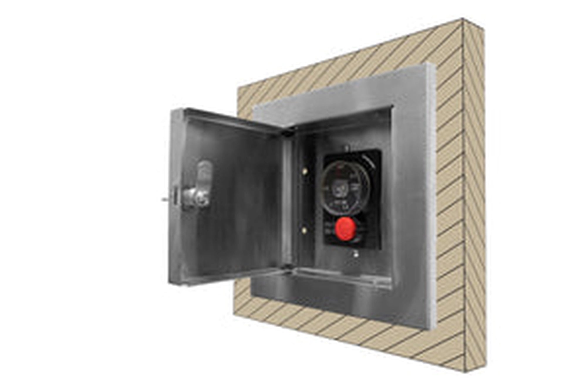 Wall-mounted locking metal cabinet with door open, timer control and red button