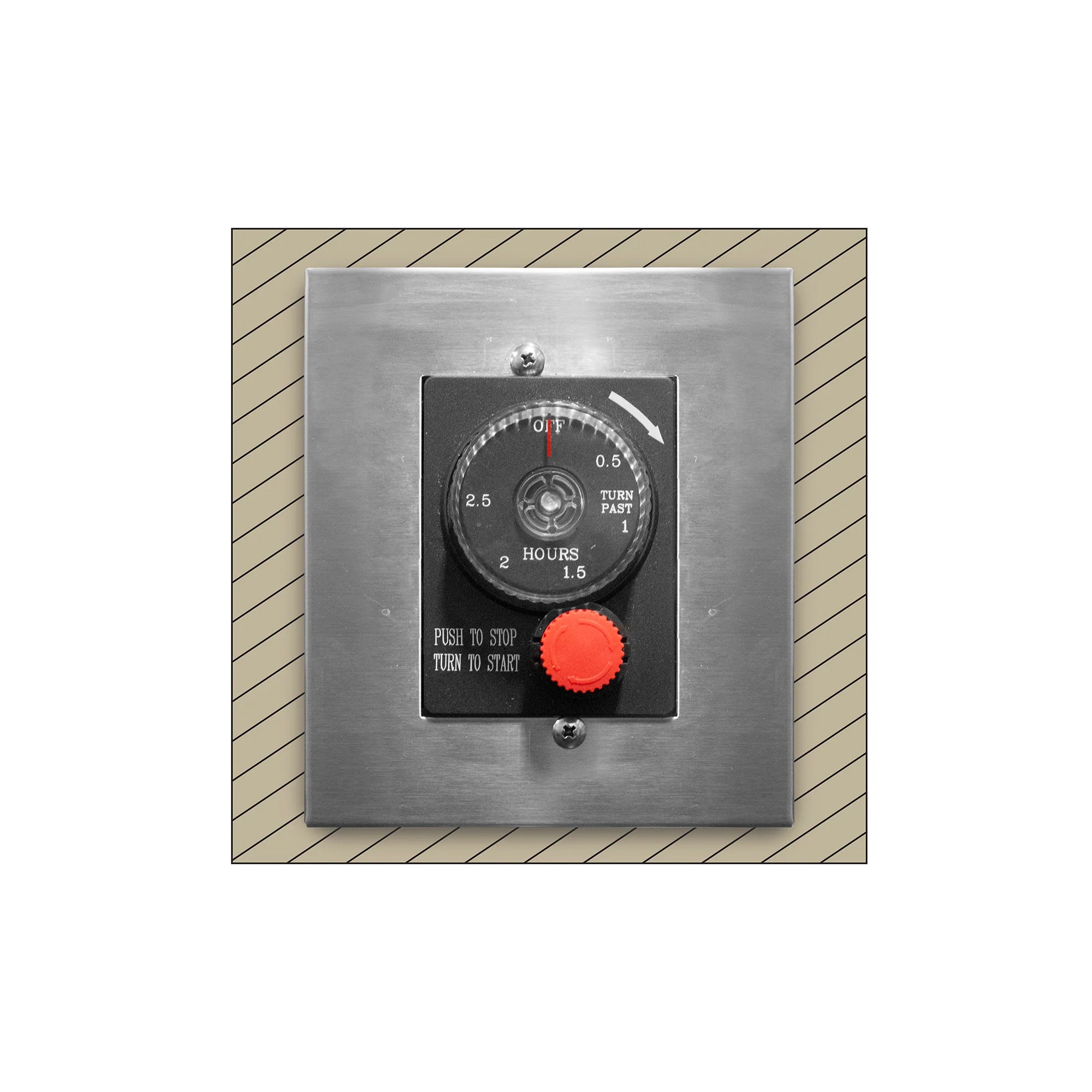 Surface-mount timer enclosure with black dial face and red control knob