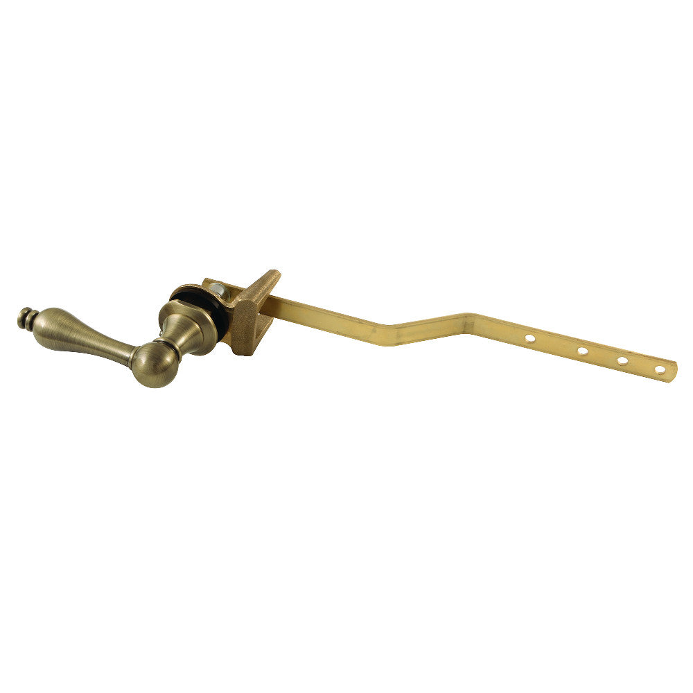 Antique brass Victorian front-mount toilet tank lever with curved arm and screw holes